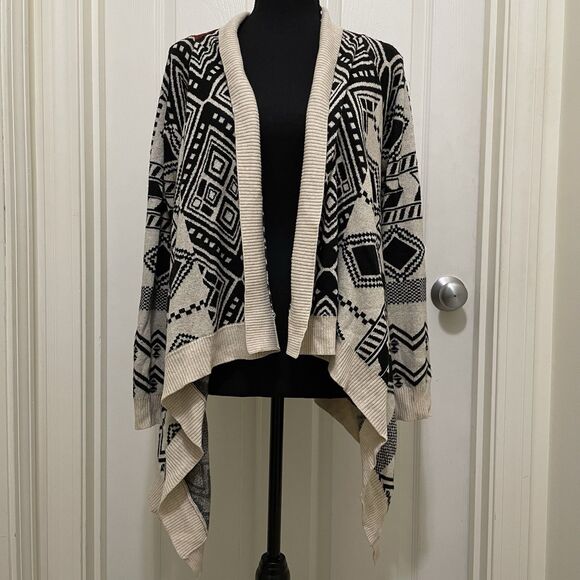 Pink Rose Aztec Open Front Waterfall Cardigan Knit Sweater Women’s Small Tan Red - Picture 1 of 7
